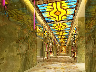 Luxurious KTV Corridor Interior With Stained Glass Ceiling Marble Walls And Decorative Lighting 3d model