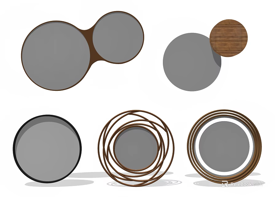 Round Modern Mirrors With Wooden And Spiral Metal Frames Various Designs 3d model 