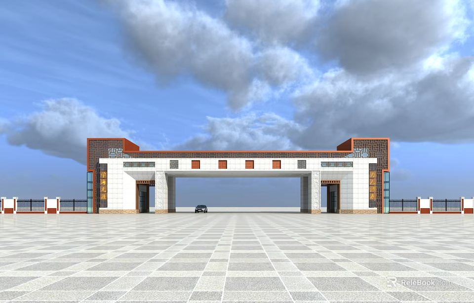 Traditional Chinese Entrance Gate With Red White Structure And Open Square Under Blue Sky 3d model 