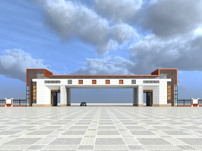 Traditional Chinese Entrance Gate With Red White Structure And Open Square Under Blue Sky 3d model