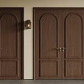 Elegant Wooden Double Doors With Arched Design Brass Handles And Wall Sconce