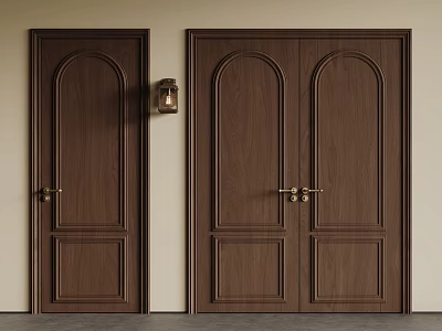 Elegant Wooden Double Doors With Arched Design Brass Handles And Wall Sconce 3d model