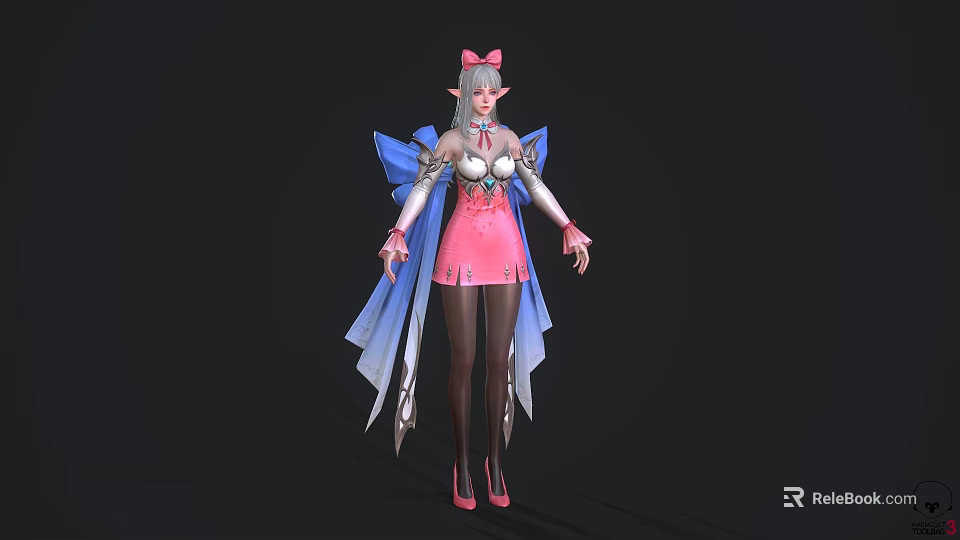Fantasy Elf Female Game Character With Pink Dress Blue Wings And Silver Armor 3d model 