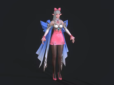 Fantasy Elf Female Game Character With Pink Dress Blue Wings And Silver Armor 3d model