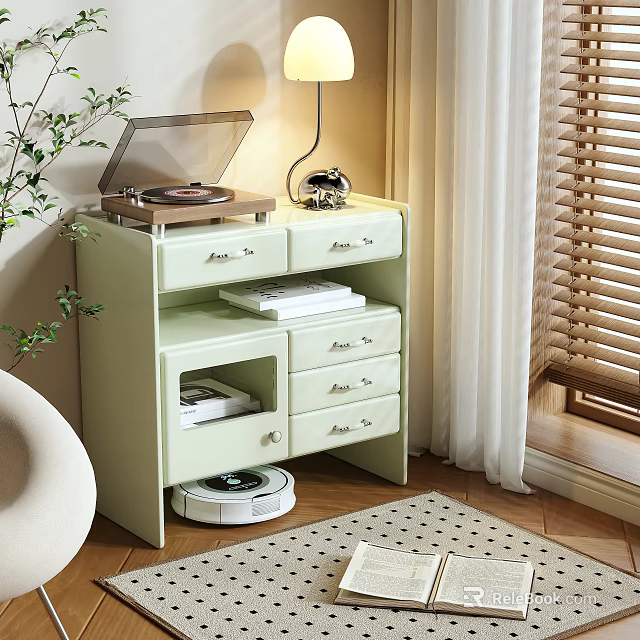 Light Green Storage Cabinet With Multiple Drawers Record Player And Table Lamp In Living Room 3d model 