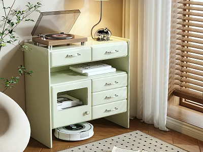 Light Green Storage Cabinet With Multiple Drawers Record Player And Table Lamp In Living Room 3d model