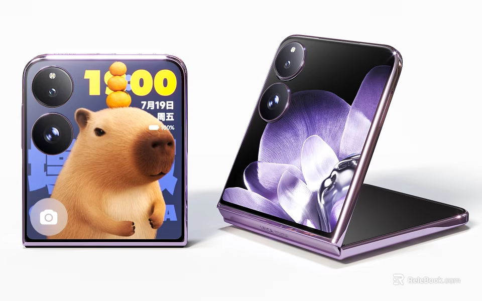 Modern Foldable Smartphones With Dual Screen Animal Image Purple Flower And Camera Design 3d model 