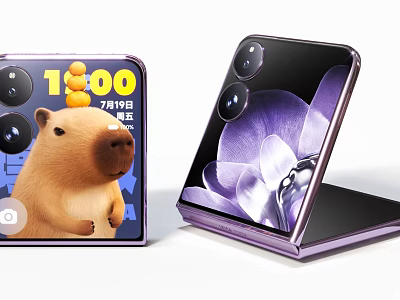 Modern Foldable Smartphones With Dual Screen Animal Image Purple Flower And Camera Design 3d model