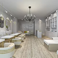 Modern Bubble Tea Shop Interior With White Tables Golden Chairs And Chandeliers