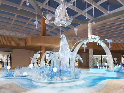 Frozen Themed Indoor Decoration With Blue White Elements Ice Sculpture Arch And Hanging Lamps 3d model