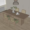 Modern Wooden Dining Table Set With Rattan Back Chairs Green Cushions Vase And Open Book