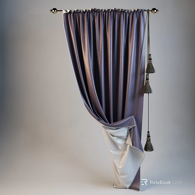 Elegant Purple Silk Curtains With Tassels And White Tieback For Modern Home Decor 3d model 