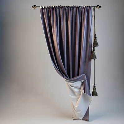 Elegant Purple Silk Curtains With Tassels And White Tieback For Modern Home Decor 3d model