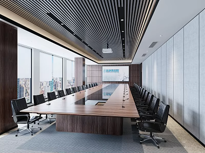 Modern Conference Room With Long Wooden Table Black Chairs And City View Through Large Windows 3d model