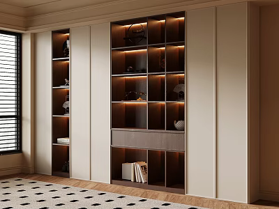 Modern Built in Bookcase Design With Layered Shelves Lighting and Window View 3d model