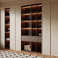 Modern Built in Bookcase Design With Layered Shelves Lighting and Window View