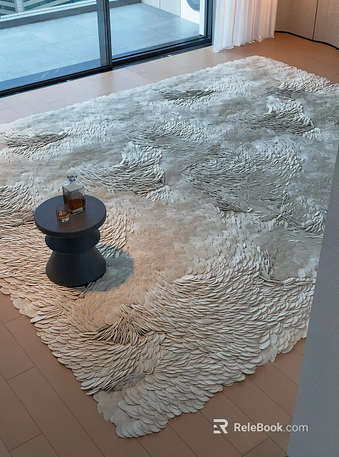 Stylish Rug with 3D Wavy Textured Pattern and Black Round Side Table with Glass Bottle 3d model 