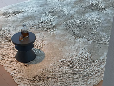 Stylish Rug with 3D Wavy Textured Pattern and Black Round Side Table with Glass Bottle 3d model