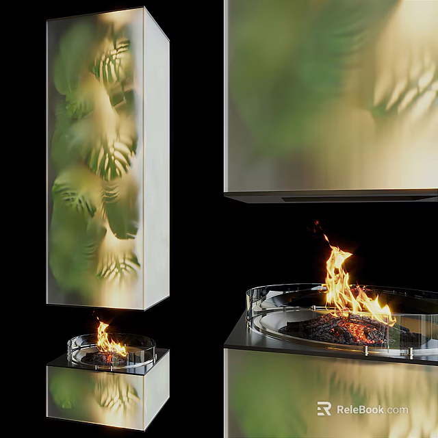 Modern Fireplace Design With Burning Flames Glass Panel And Leaf Pattern Decor 3d model 