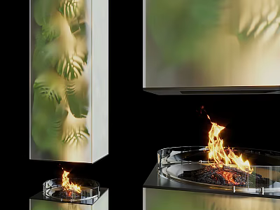 Modern Fireplace Design With Burning Flames Glass Panel And Leaf Pattern Decor 3d model