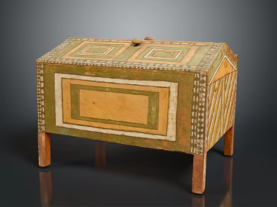 Vintage Decorative Chest With Colorful Geometric Patterns And Wooden Legs 3d model