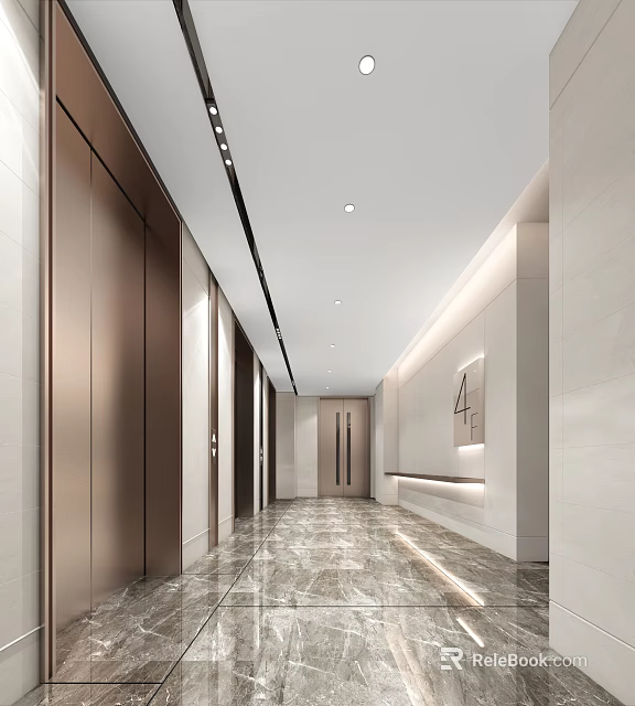 Modern Elevator Hallway With Metallic Doors Marble Flooring And Recessed Lighting 3d model
