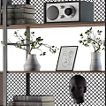 Modern Decorative Cabinet With Wooden Metal Shelves Books Plants And Sculptures