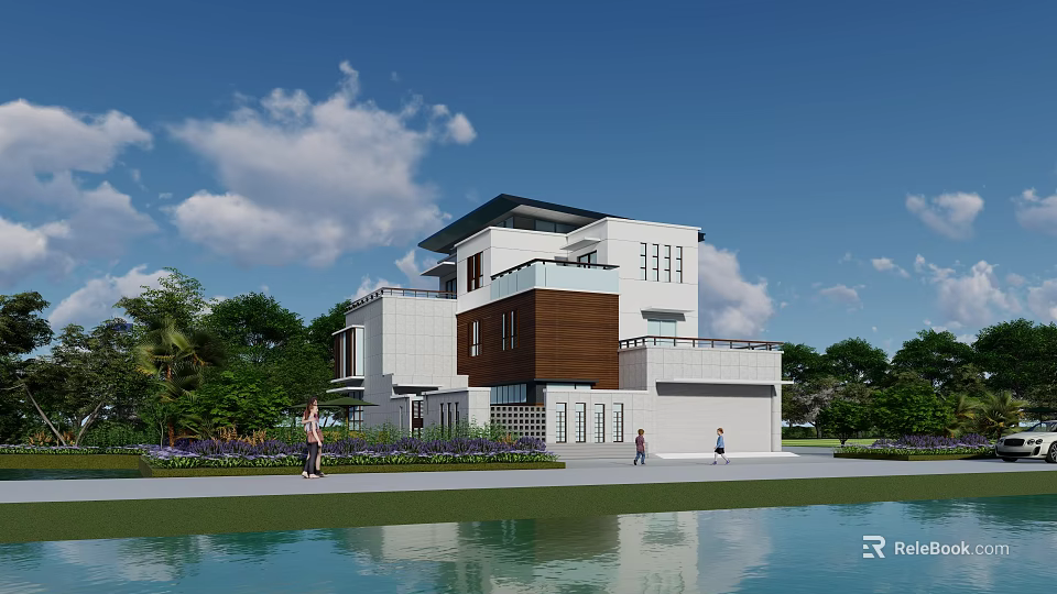 Modern Detached Villa Exterior With White Brown Facade Greenery Waterfront And Blue Sky 3d model 