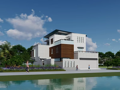 Modern Detached Villa Exterior With White Brown Facade Greenery Waterfront And Blue Sky 3d model