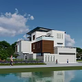 Modern Detached Villa Exterior With White Brown Facade Greenery Waterfront And Blue Sky