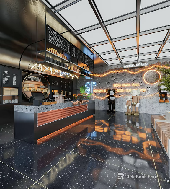 Modern Café Interior Design With Bar Counter Neon Signs Rock Wall Glass Ceiling And Plants 3d model 