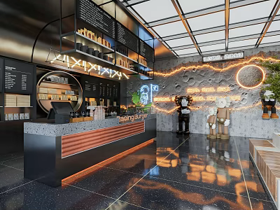 Modern Café Interior Design With Bar Counter Neon Signs Rock Wall Glass Ceiling And Plants 3d model
