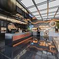 Modern Café Interior Design With Bar Counter Neon Signs Rock Wall Glass Ceiling And Plants
