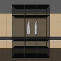 Modern Wardrobe With Glass Doors Open Design Shelves And White Hanging Clothes
