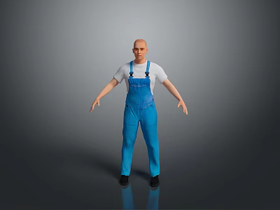 Bald Headed Man in White T shirt and Blue Overalls Standing in Gray Background 3d model