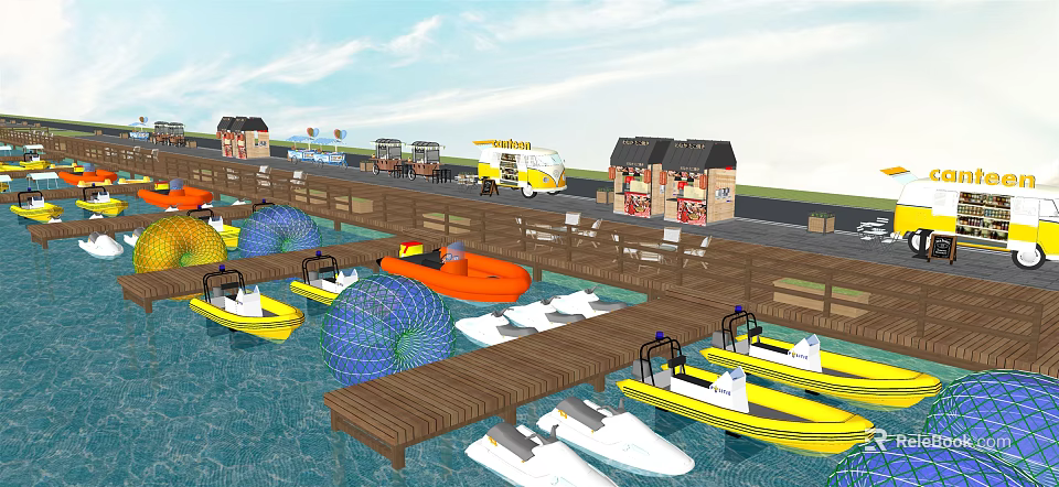 Waterfront Area With Wooden Dock Pedal Boats Motorboats Inflatable Rollers Small Houses And Food Trucks 3d model 