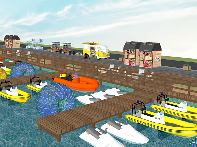 Waterfront Area With Wooden Dock Pedal Boats Motorboats Inflatable Rollers Small Houses And Food Trucks 3d model