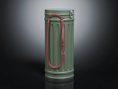 Green Trash Can With Red Strap And Vertical Stripes On Smooth Metallic Surface 3d model