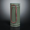 Green Trash Can With Red Strap And Vertical Stripes On Smooth Metallic Surface