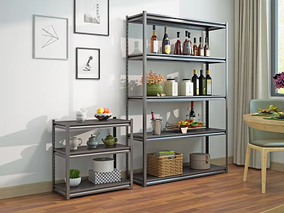 Metal Storage Shelving Units with Wine Bottles Kitchenware and Decorative Items in Modern Living Area 3d model