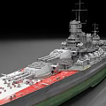 Large Warship With Multiple Turrets Red Deck And Gray Hull Structure 3d model