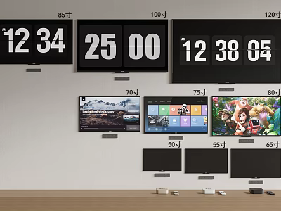 Various Size Televisions Displaying Time Scenic Views Interface And Cartoon Content 3d model