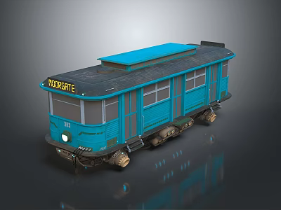 Vintage Blue PROGRES Tram with Classic Design Metal Body and Retro Wheels 3d model