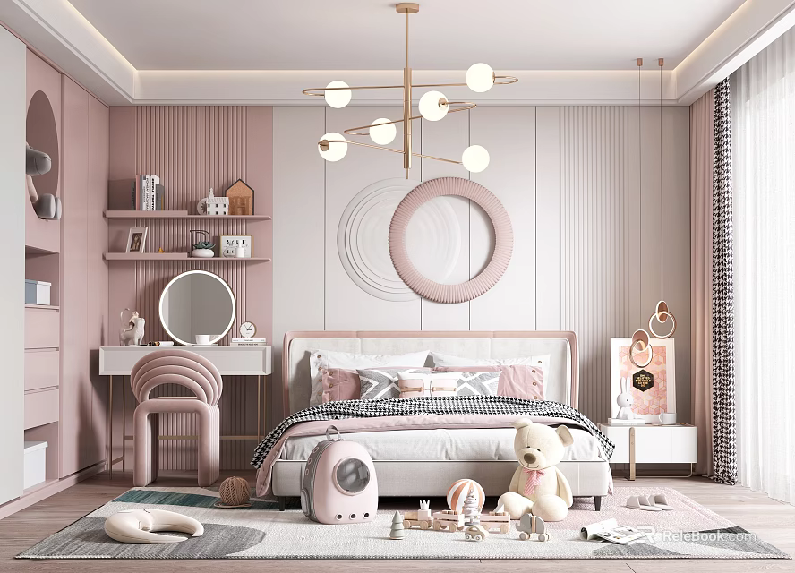 Cozy Pastel Pink Kids Bedroom With Bed Toys And Decorations 3d model 