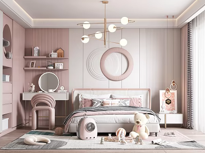 Cozy Pastel Pink Kids Bedroom With Bed Toys And Decorations 3d model