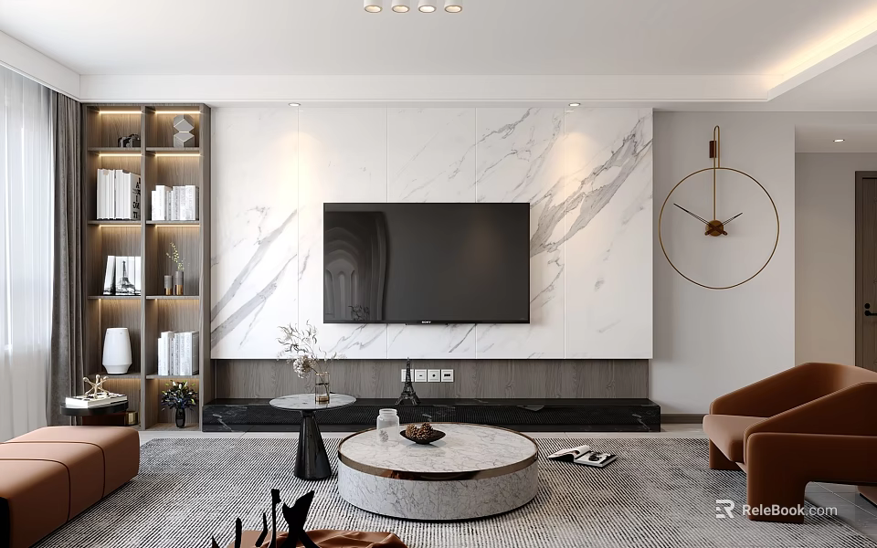 Modern Living Room Interior With Marble Wall TV Bookshelf Round Coffee Table And Brown Sofa 3d model 