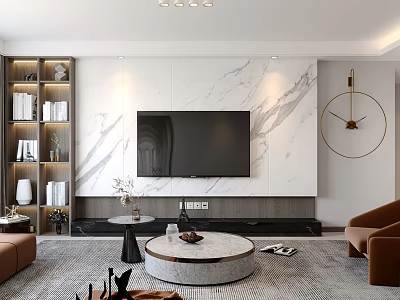 Modern Living Room Interior With Marble Wall TV Bookshelf Round Coffee Table And Brown Sofa 3d model