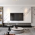 Modern Living Room Interior With Marble Wall TV Bookshelf Round Coffee Table And Brown Sofa