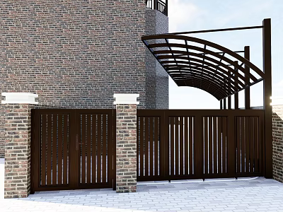 Modern Pergola Structure With Brick Wall And Brown Gates On Stone Pavement 3d model