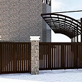 Modern Pergola Structure With Brick Wall And Brown Gates On Stone Pavement